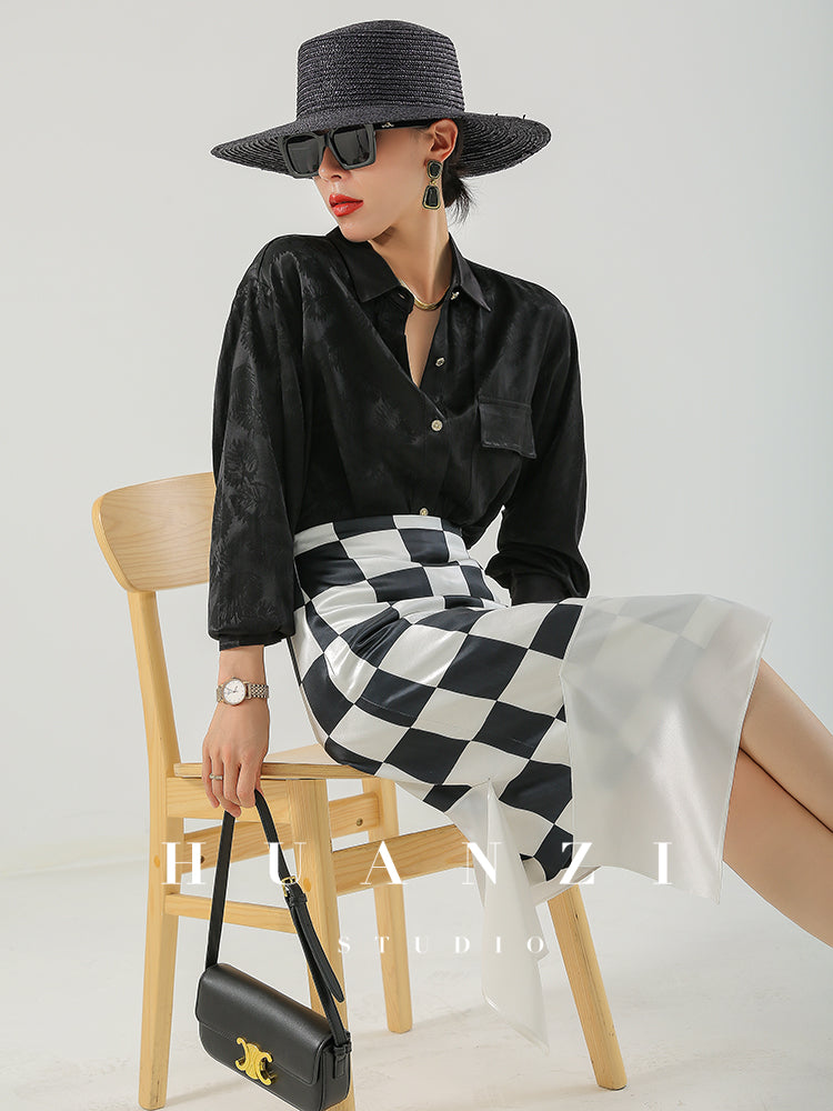 Huanzi custom triacetic acid silk checkerboard irregular black and white skirt - Rota