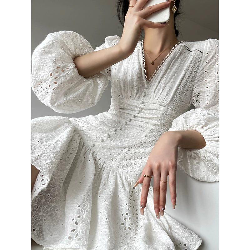 Aconiconi| French coffee break lace cotton white dress - Smoke