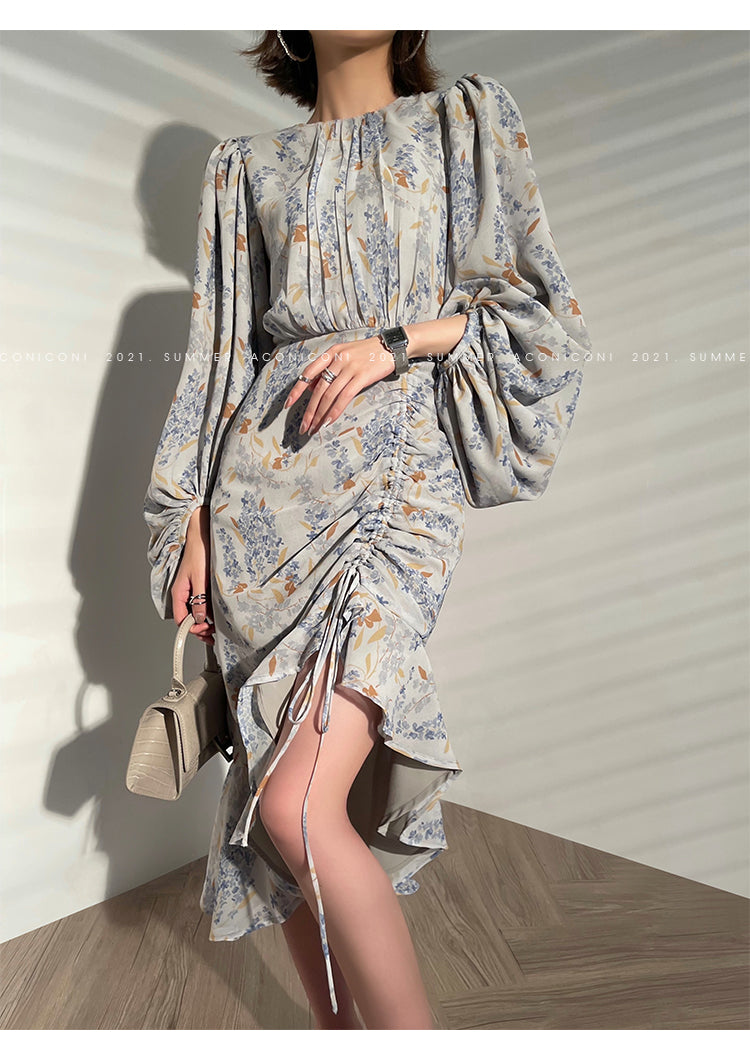Aconiconi|high-end French tea floral printed elegant lantern sleeve midi dress - Nila