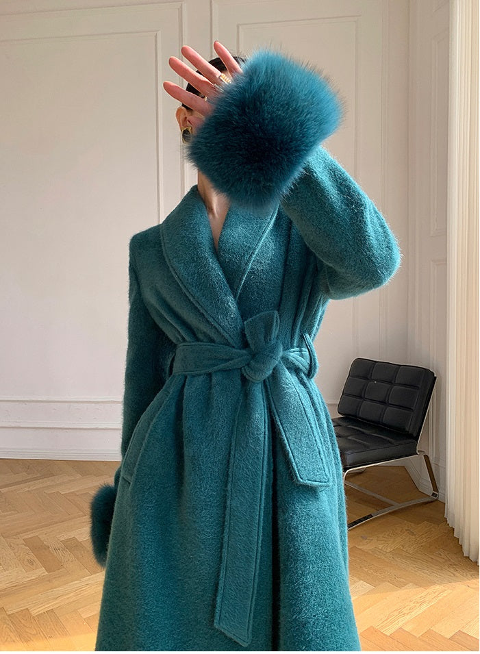 Beige WANXO vegann fur waist tie woolen coat new fashion medium and long woolen coat- Katy