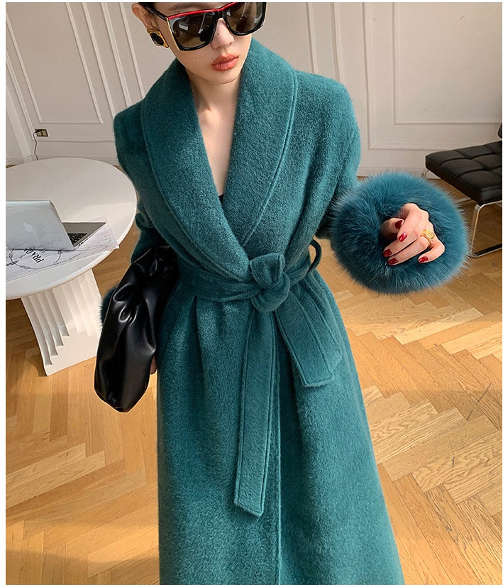 Beige WANXO vegann fur waist tie woolen coat new fashion medium and long woolen coat- Katy