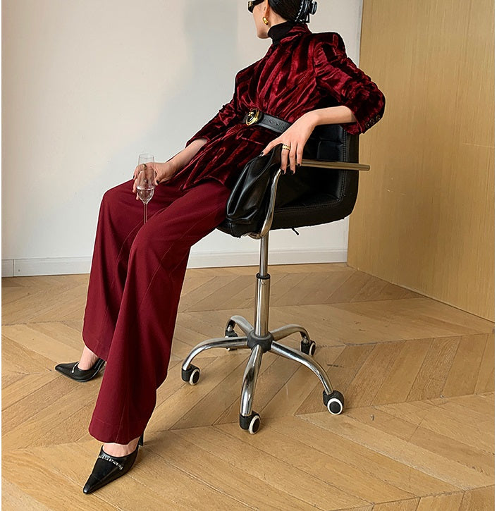 WANXO wine red acetate velvet suit jacket new high-end silhouette coat- Serena