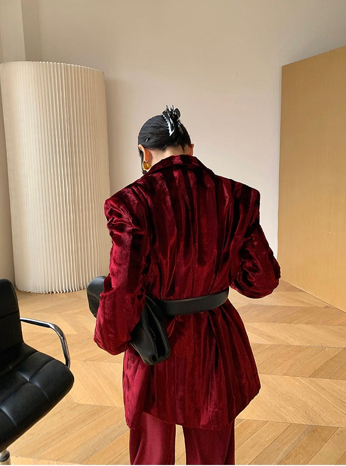 WANXO wine red acetate velvet suit jacket new high-end silhouette coat- Serena