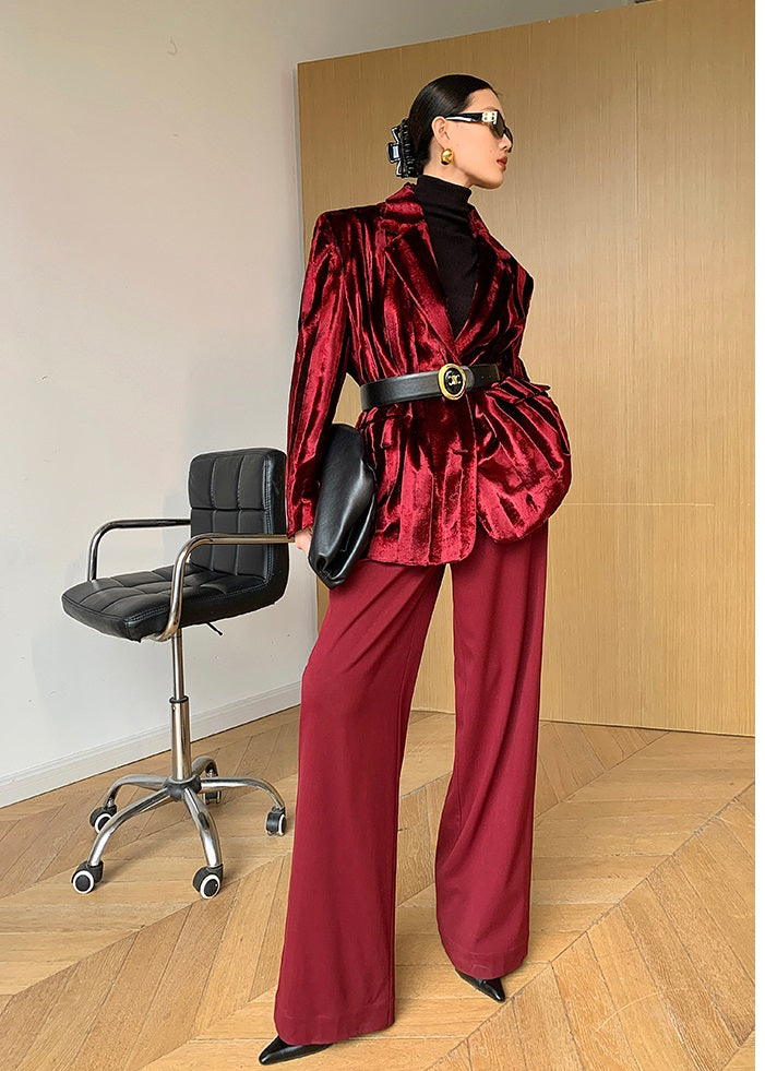 WANXO wine red acetate velvet suit jacket new high-end silhouette coat- Serena