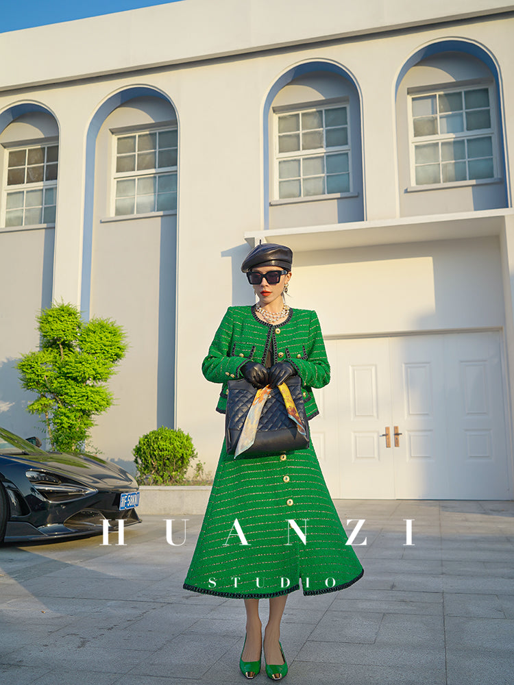 Huanzi tweed wool small suit autumn and winter new green short coat suit set- Lilibeth