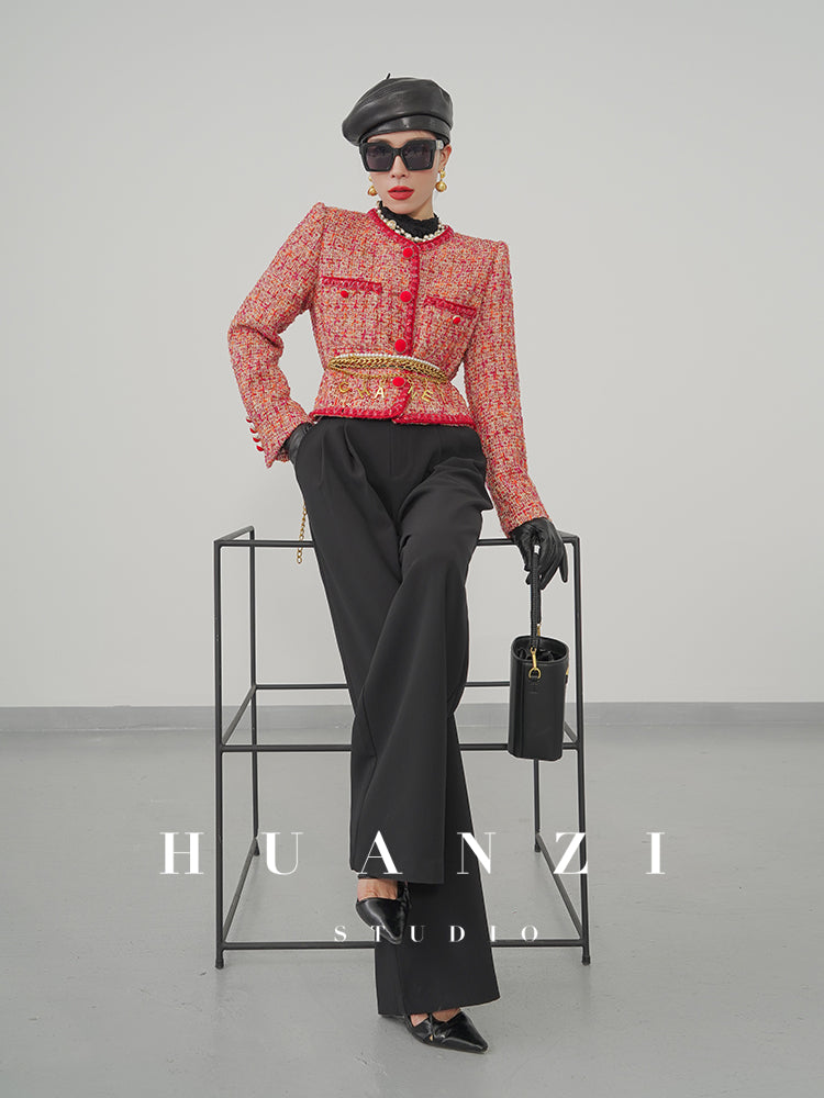 Huanzi custom 2022 autumn and winter new high-definition handmade red tweed temperament lady style small fragrant wind jacket female