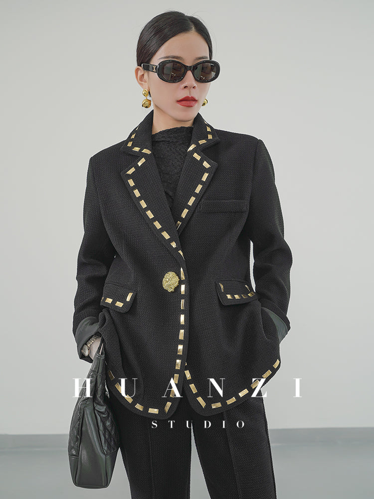 Huanzi new handmade micro-wide suit jacket with back slit straight-leg micro-launched trousers suit set- Emera