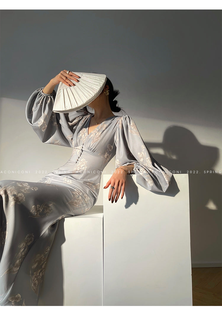 Aconiconi|kite white French elegant v-neck mid-length fishtail dress -Qingshan