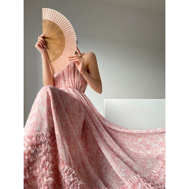 Aconiconi| halter-neck summer broken flowers vacation holiday style fairy dress - cherry blossom