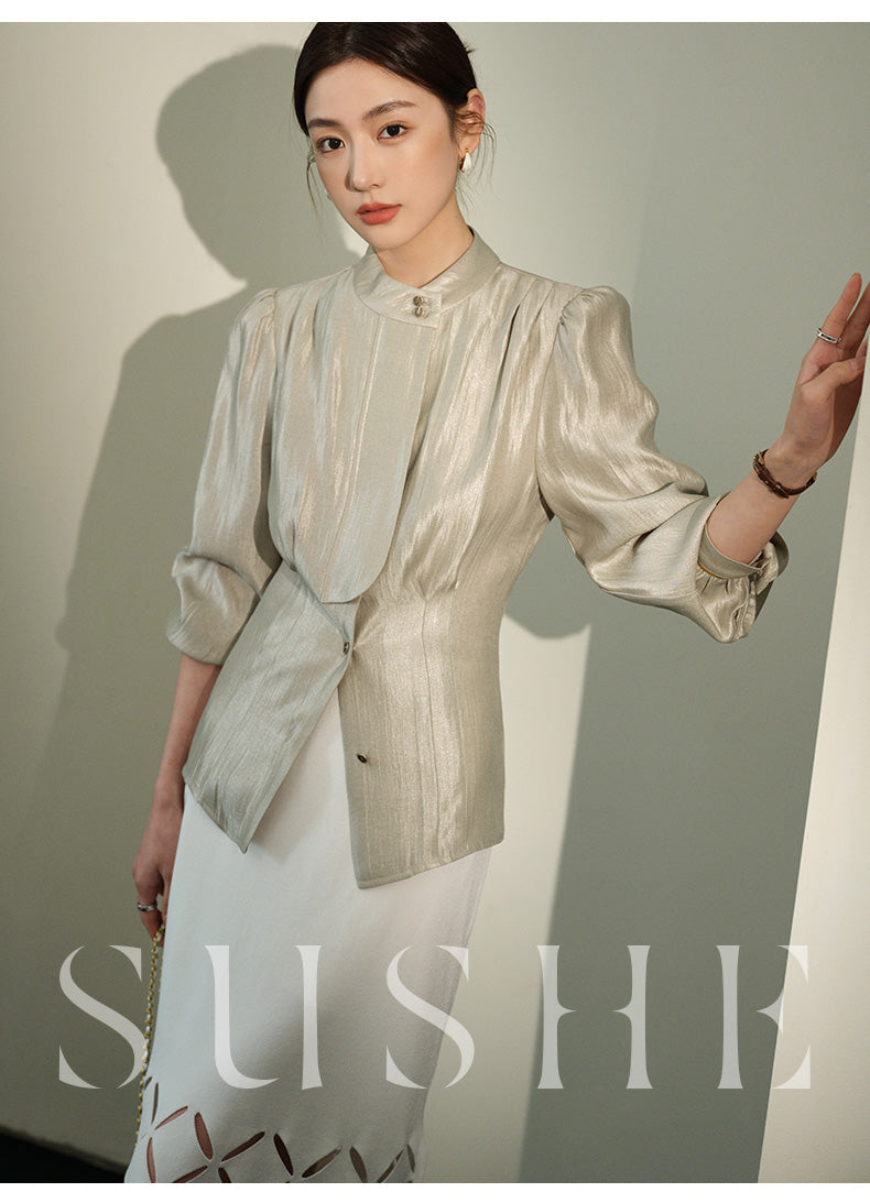 SUSHE Gold Series Retro Spring Women's 2023 Loose Stand Collar Shirt -Star