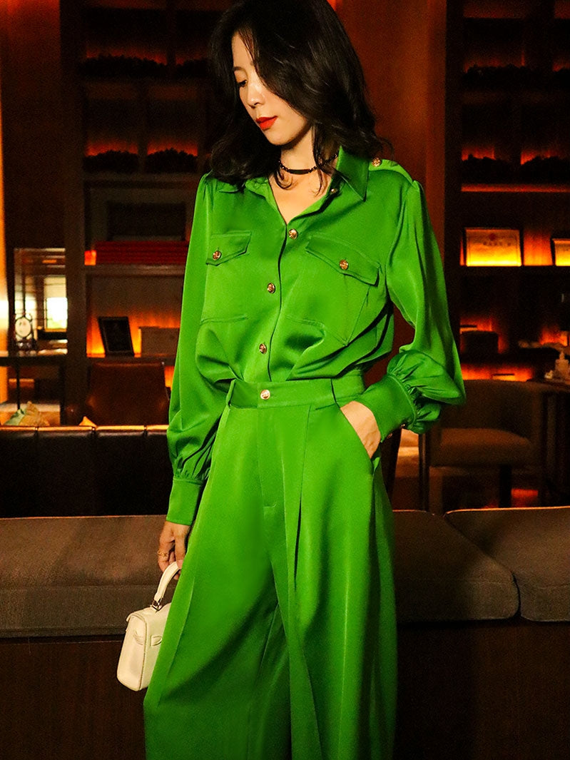 Bright Green gorgeous long sleeve with satin jumpsuit- Dilia
