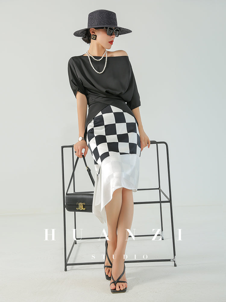 Huanzi custom triacetic acid silk checkerboard irregular black and white skirt - Rota