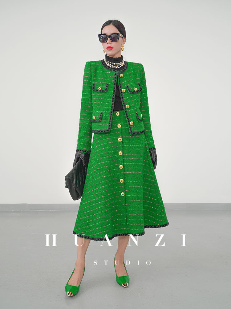 Huanzi tweed wool small suit autumn and winter new green short coat suit set- Lilibeth