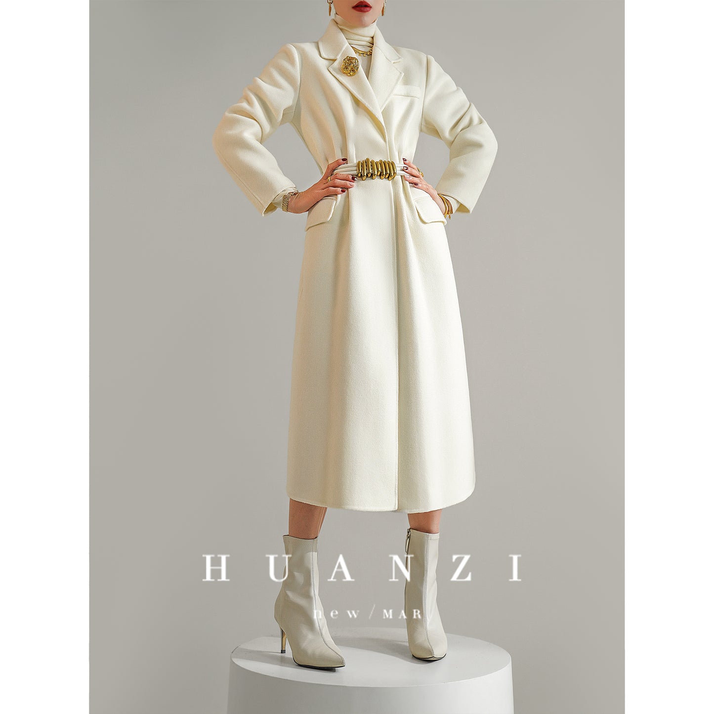 Huanzi high-definition wool pure hand-sewn double-sided woolen mid-length coat- Randy