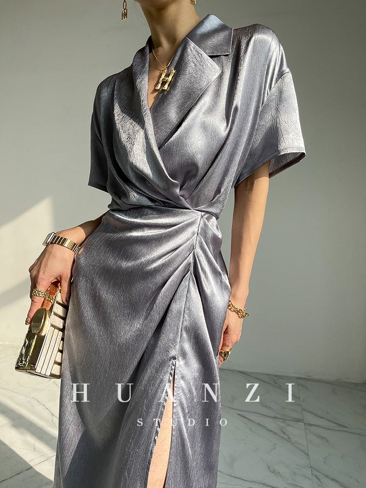 HUANZI custom designer high-end glossy silky elegant dress -Diana Crystal Pink