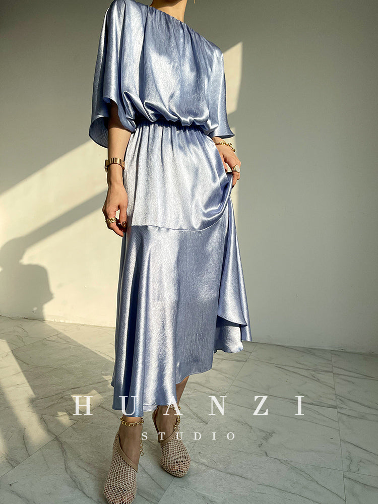 HUANZI custom designer acetic loose short-sleeved silky elegant dress -Leila Sea