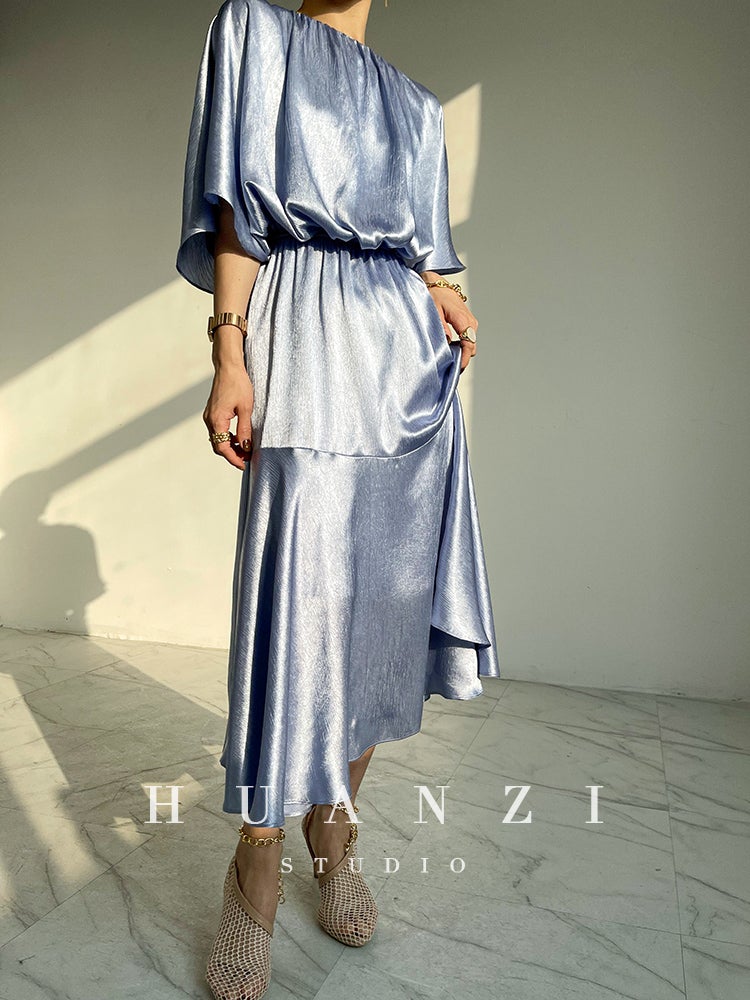 HUANZI custom designer acetic loose short-sleeved silky elegant dress -Leila passion