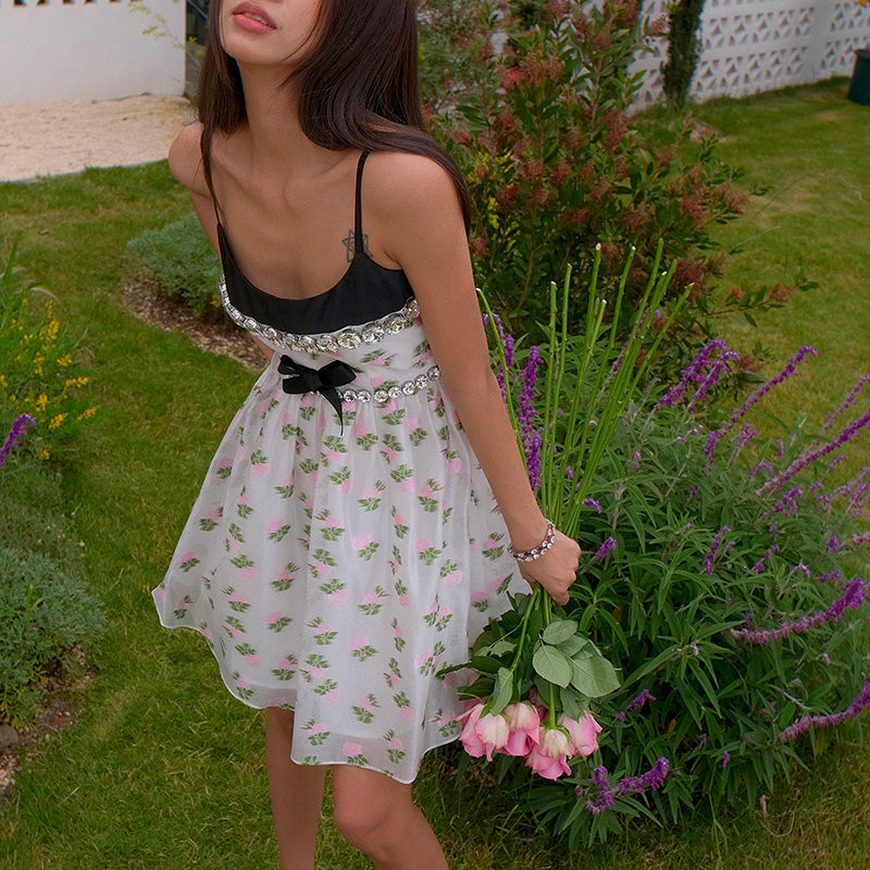 Three-dimensional oversized rhinestones print bow high waist dress- Tore