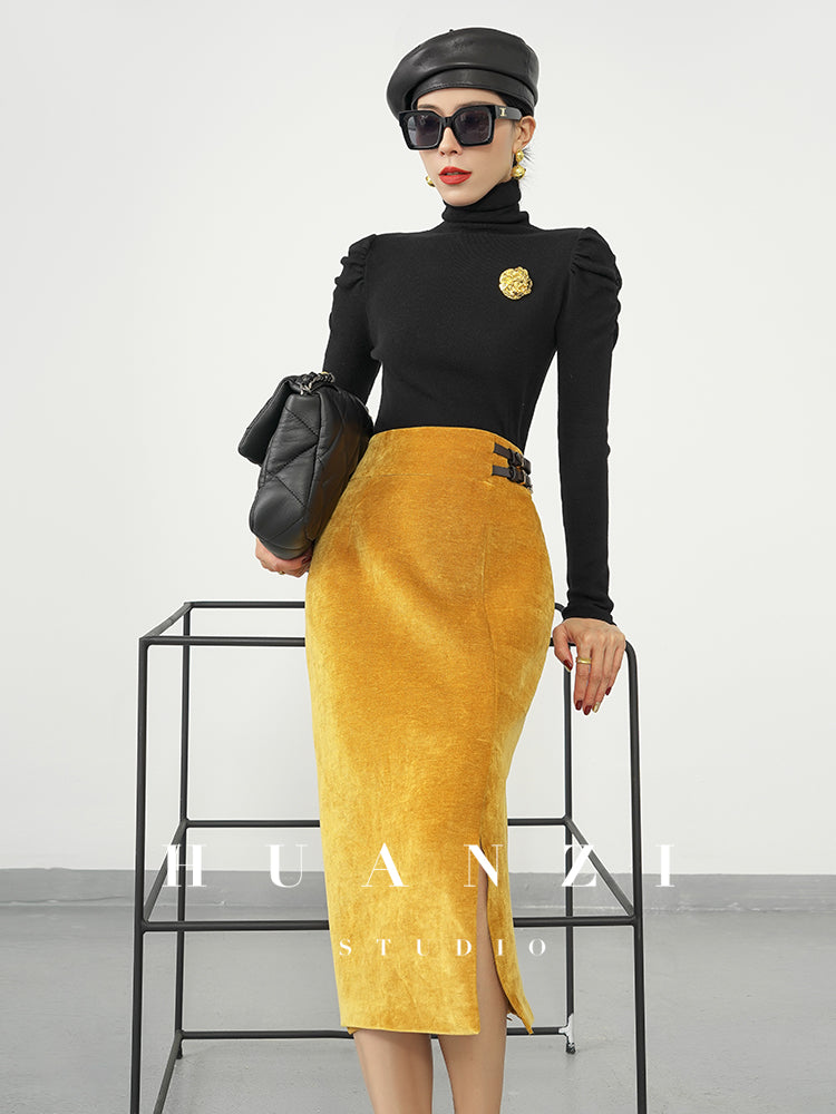 Huanzi new French velvet fashionable high waist slim and small slit skirt female- Elvin
