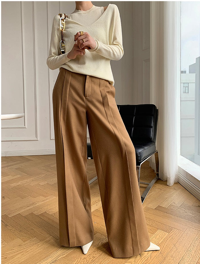 WANXO camel high waist drooping casual pants new straight loose wide leg pants- Tela