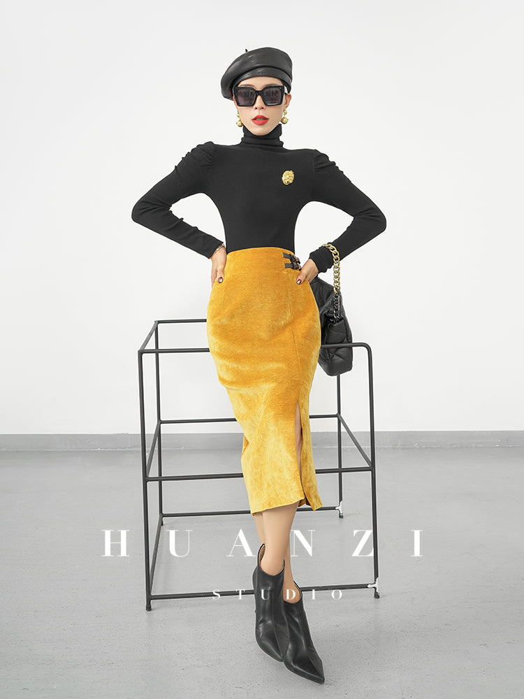 Huanzi new French velvet fashionable high waist slim and small slit skirt female- Elvin