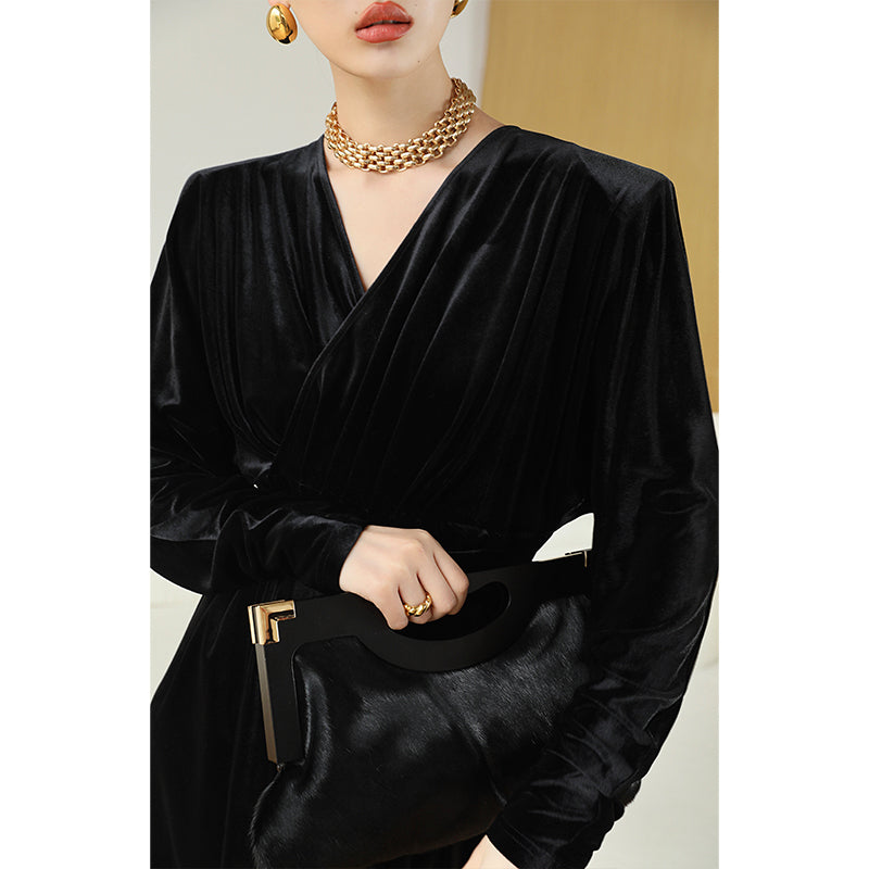 Brown WANXO French red pleated velvet dress new gold-like waist bottoming skirt- Winny
