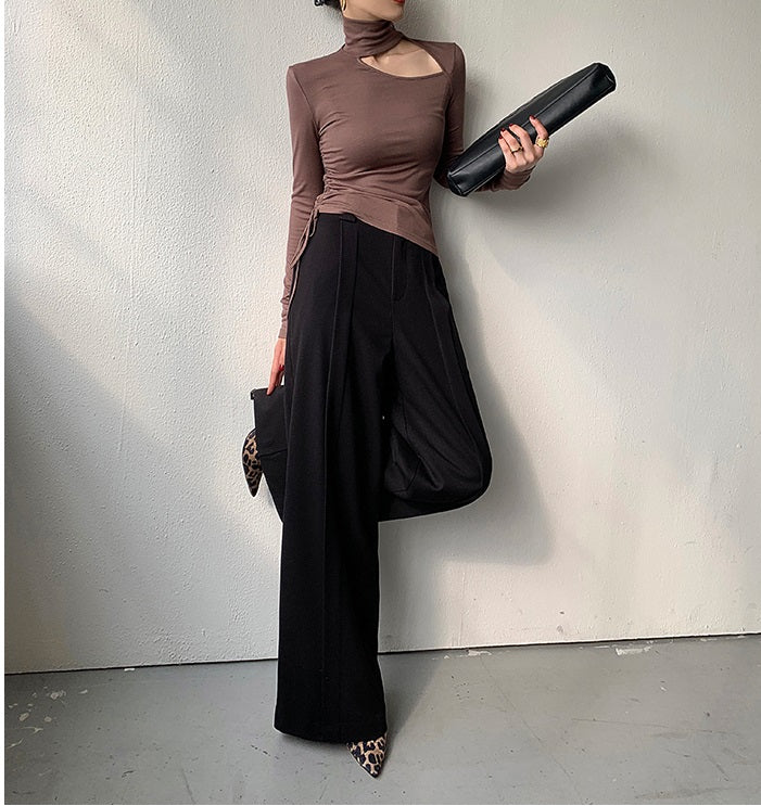 WANXO camel high waist drooping casual pants new straight loose wide leg pants- Tela