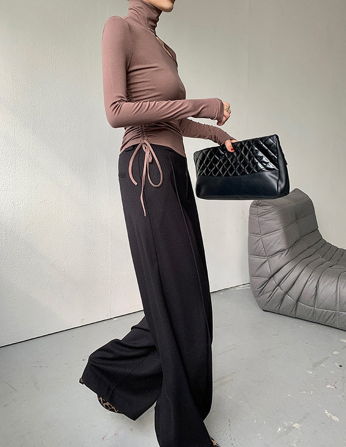 WANXO camel high waist drooping casual pants new straight loose wide leg pants- Tela
