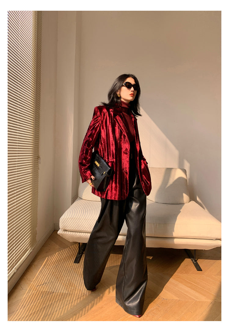 WANXO wine red acetate velvet suit jacket new high-end silhouette coat- Serena