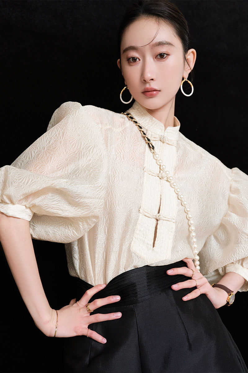Sushe pattern embossed Chinese style buckle slim top shirt -iota