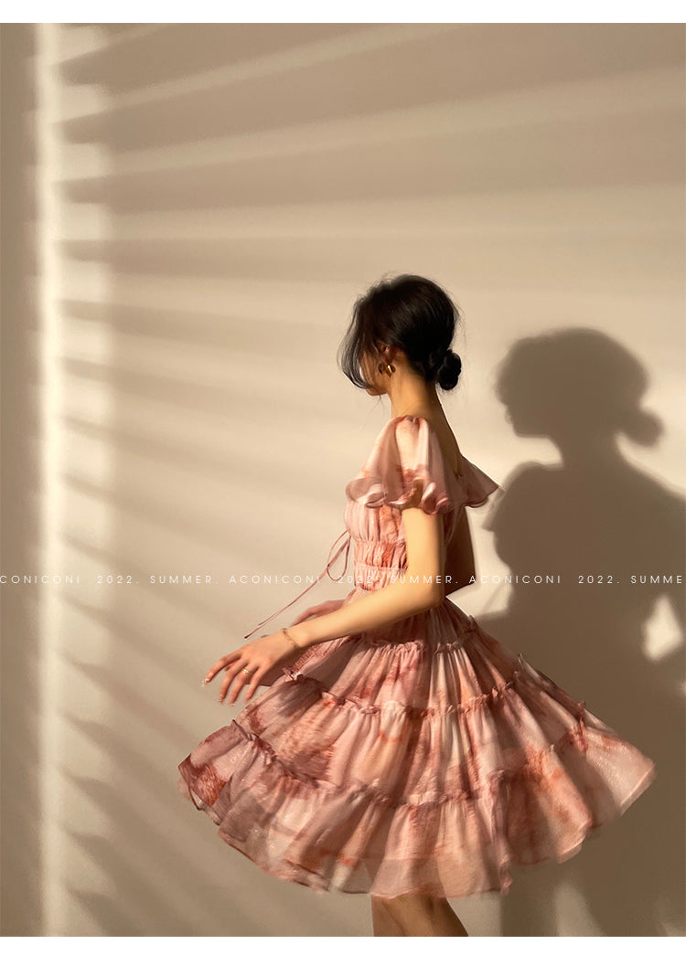 Aconiconi|Fireworks French Print High end Design flowy floral Dress - Atami