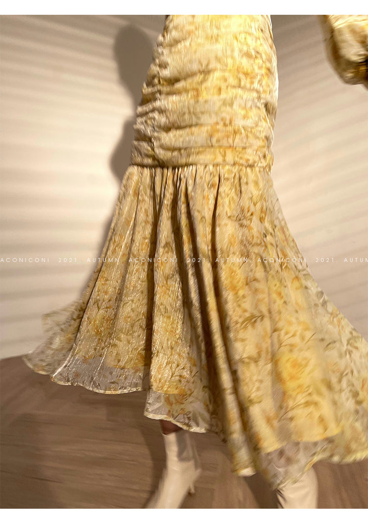 Aconiconi|French floral fishtail midi dress- butter
