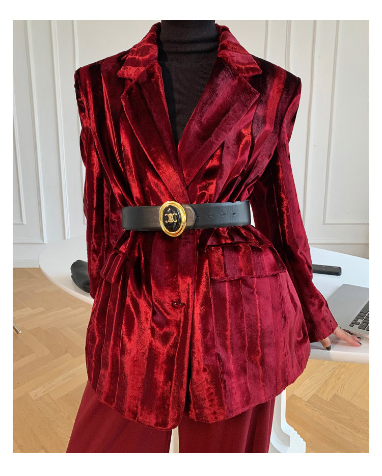 WANXO wine red acetate velvet suit jacket new high-end silhouette coat- Serena