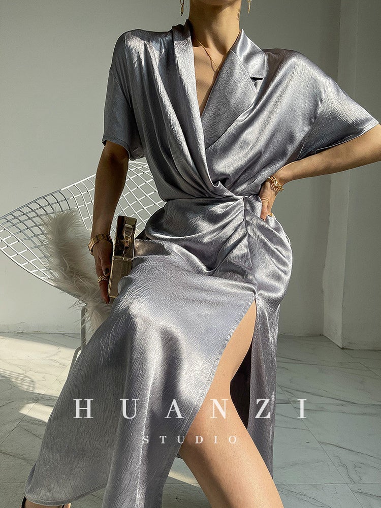 HUANZI custom designer high-end glossy silky elegant dress -Diana Crystal Pink