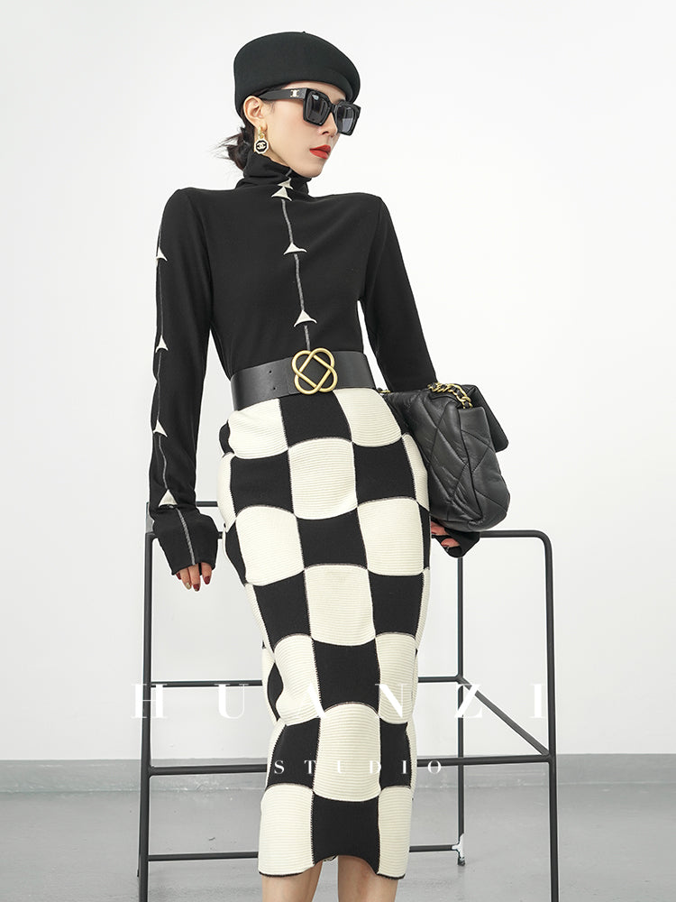 Huanzi classic black and white checkerboard high waist slim knitted fishtail skirt for women- Tiloa