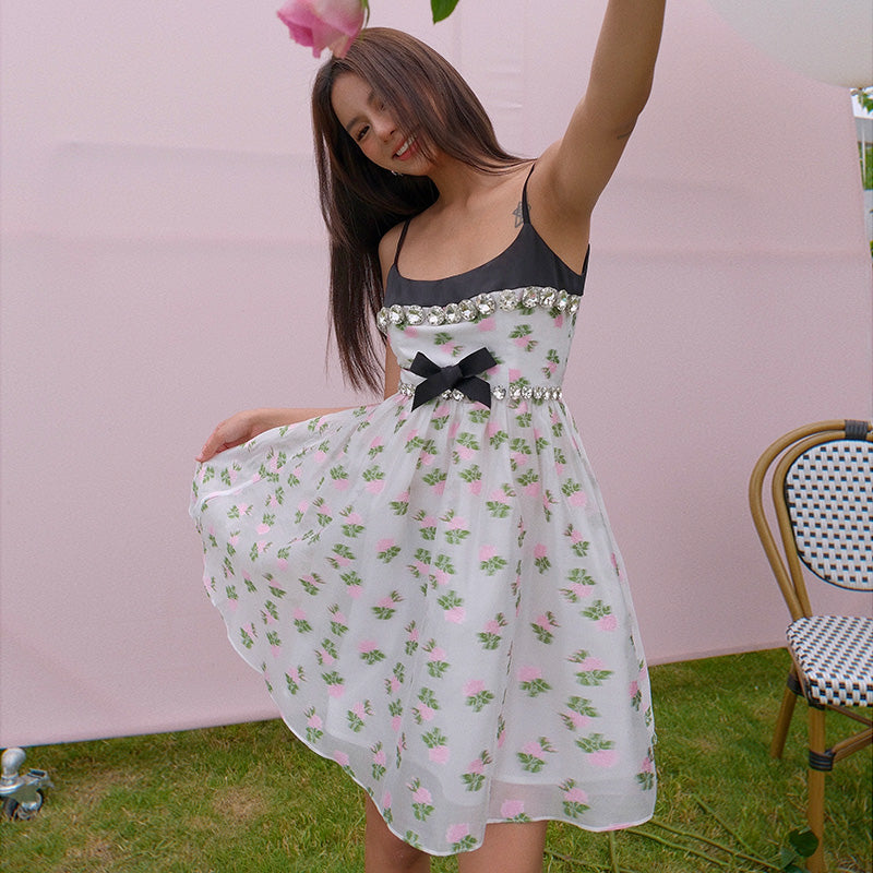 Three-dimensional oversized rhinestones print bow high waist dress- Tore