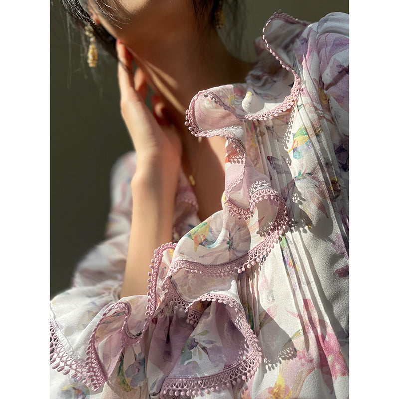Aconiconi| High end designer printed top shirt + A-line skirt suit - Hyacinth