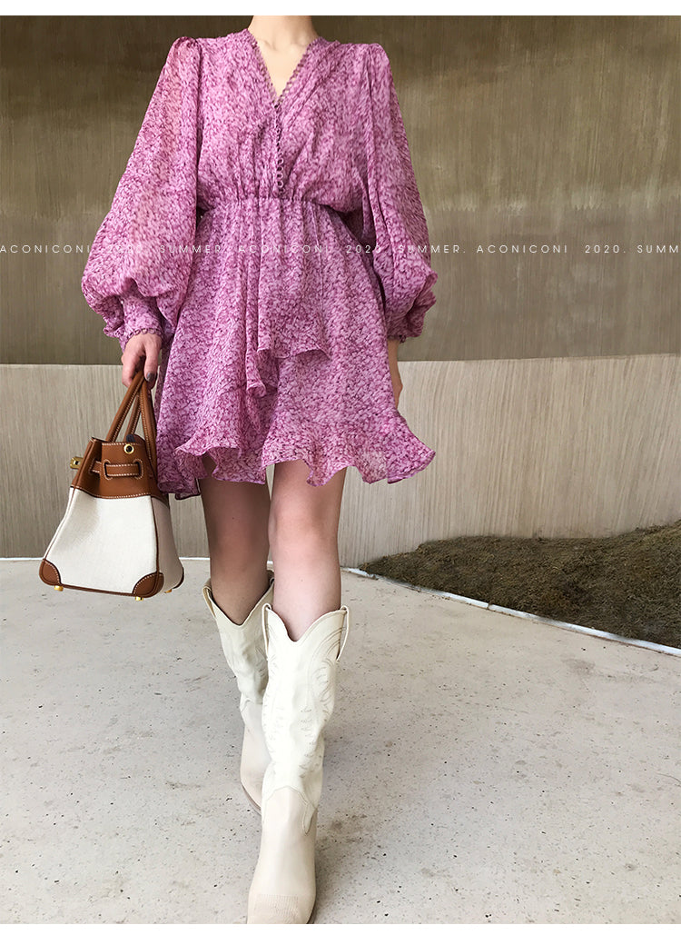 Aconiconi|French style elegant printed floral chiffon summer dress - Nikol