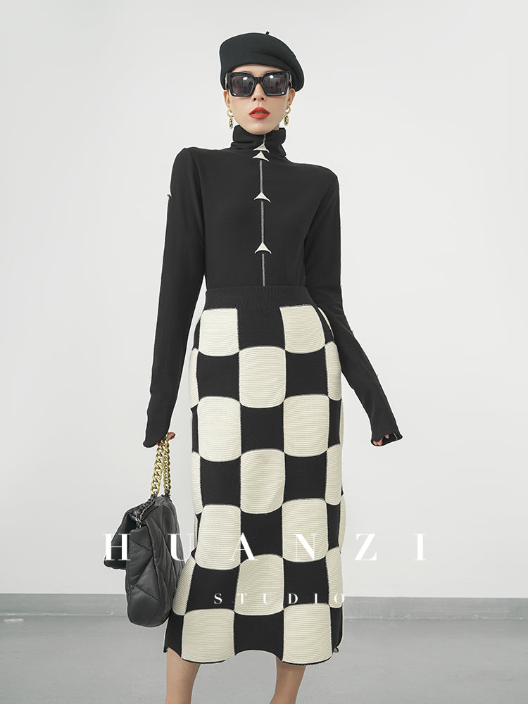 Huanzi classic black and white checkerboard high waist slim knitted fishtail skirt for women- Tiloa