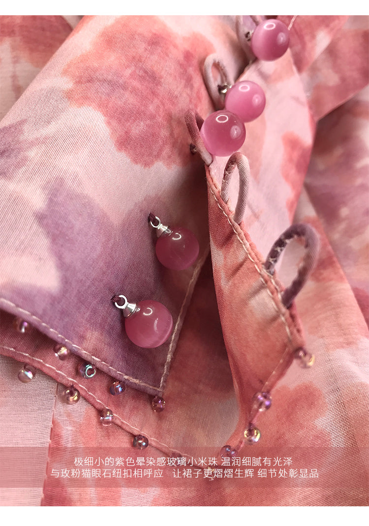 Aconiconi|Romantic French print luxury handmade haute couture beaded v-neck midi dress - Pilore