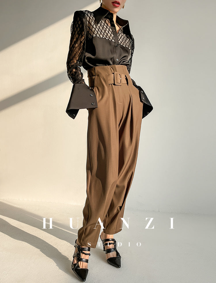 Huanzi high end custom lace plaid satin angle shoulder shirt - Bisrs