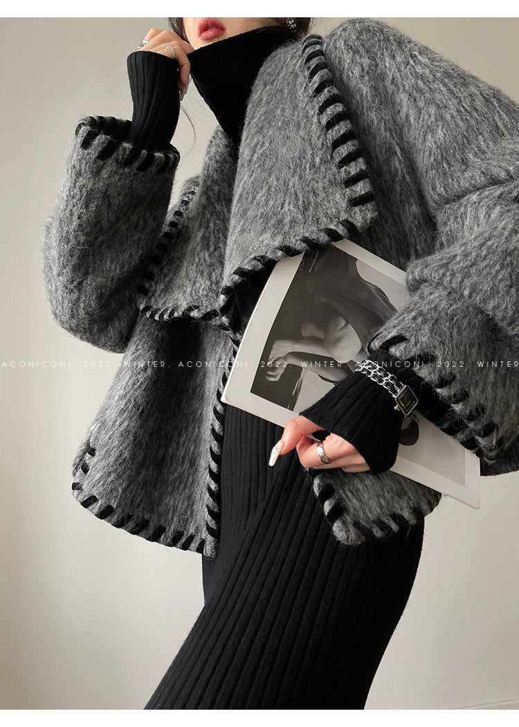 Aconiconi|Gray long hair fall winter wool short coat/skirt - Haizhou