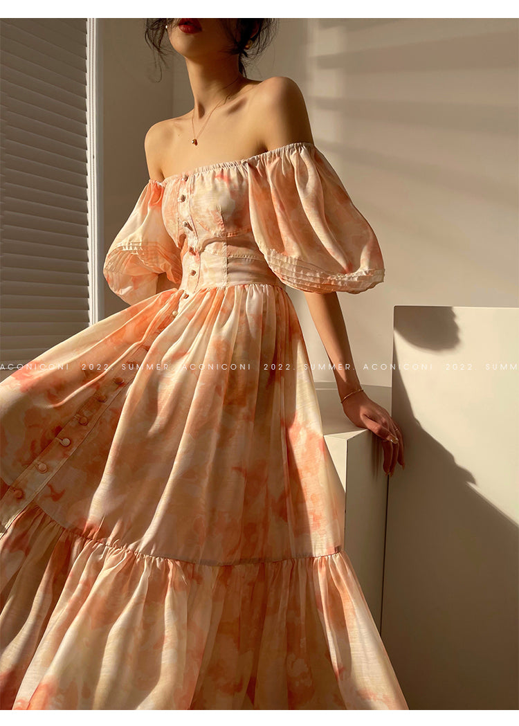 Aconiconi|Romantic elegant French puff sleeve off-shoulder high-end midi dress - Flower Moon