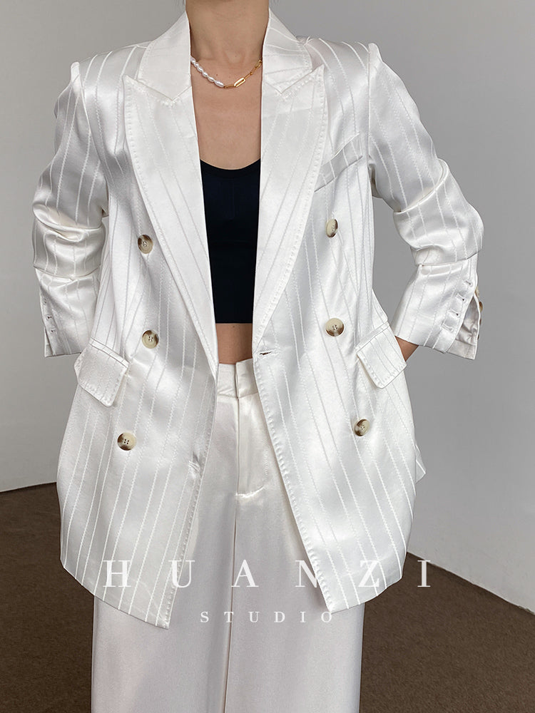 Huanzi high end tri-acetic satin drape high-end suit white silk blazer suit -Bioba
