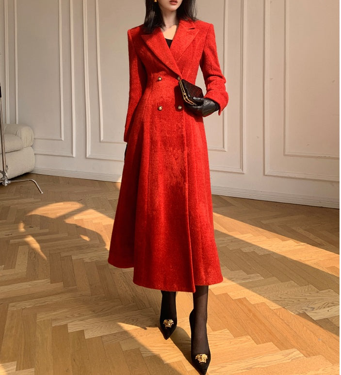 WANXO French red Hepburn style woolen coat new waist and thin long woolen coat- Crissy