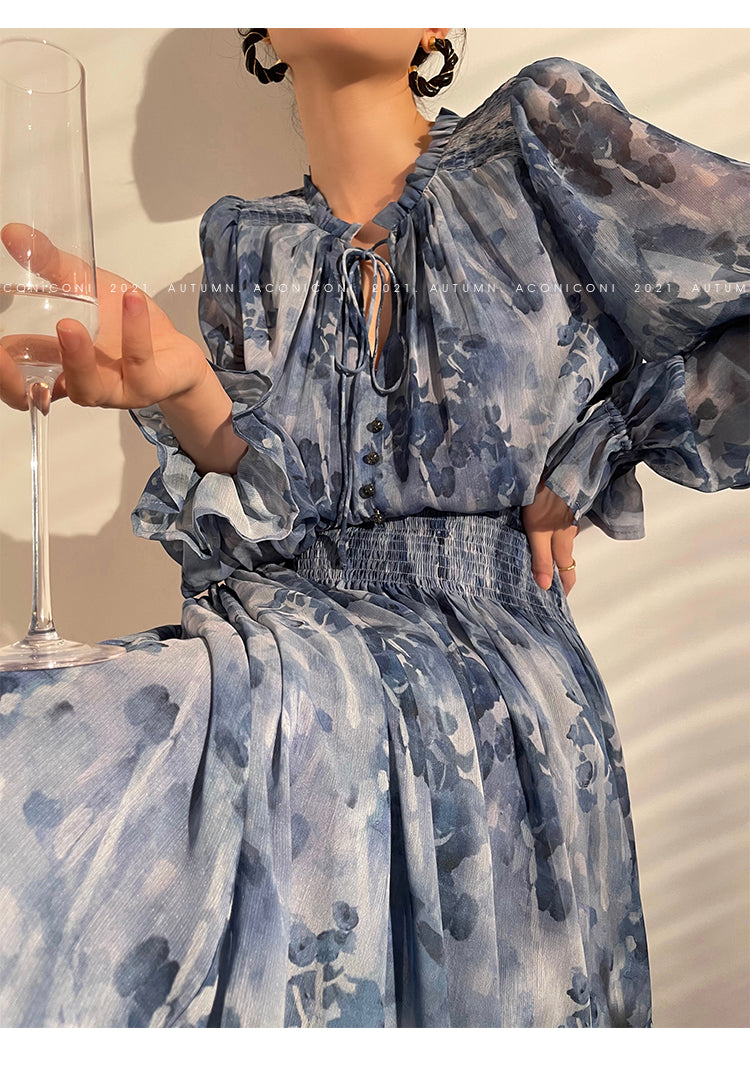 Aconiconi|French elegant blue print spring summer dress - hiju