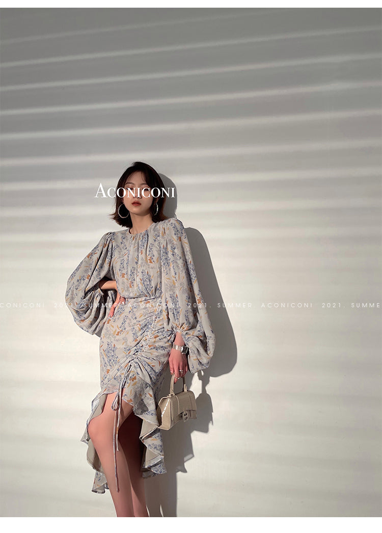 Aconiconi|high-end French tea floral printed elegant lantern sleeve midi dress - Nila