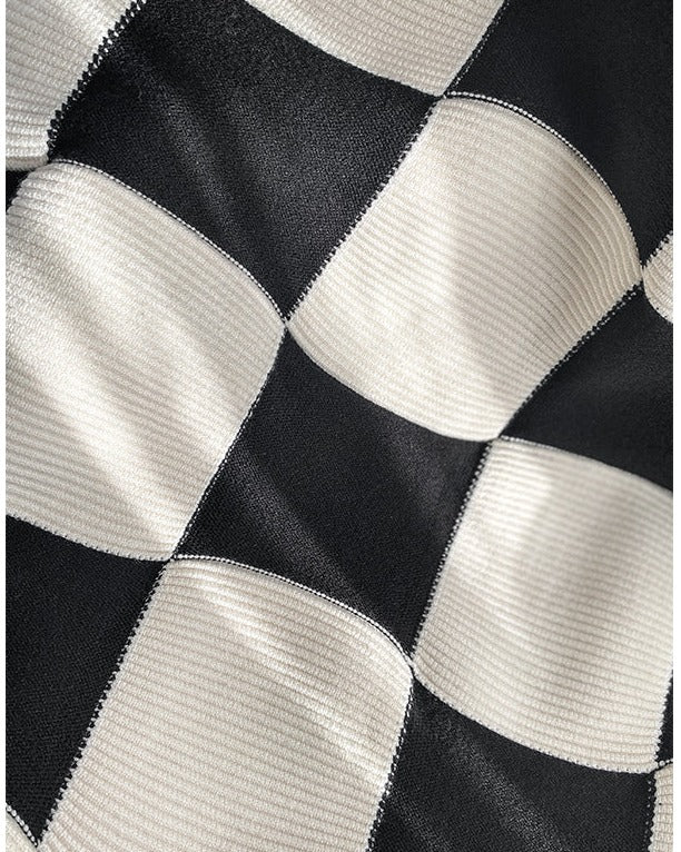 Huanzi classic black and white checkerboard high waist slim knitted fishtail skirt for women- Tiloa