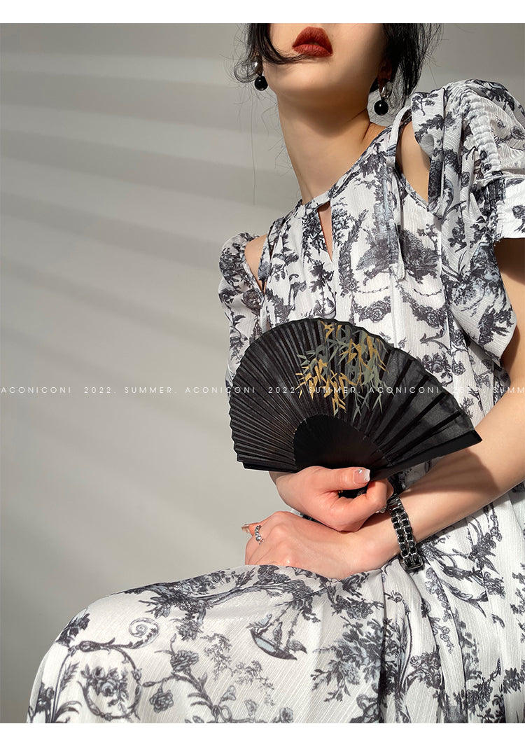 Aconiconi|Calligraphy Art Print Halter Neck Off Shoulder Long Dress - Anne Love