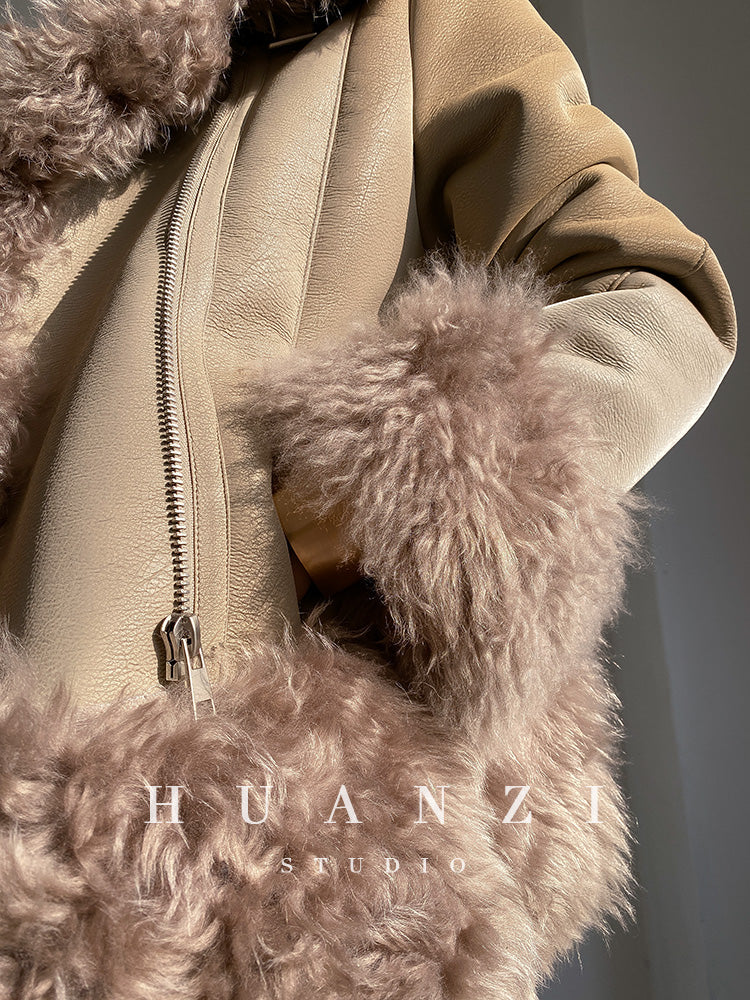 Huanzi custom craft winter fur one-piece wool lamb collar leather jacket - Sioed
